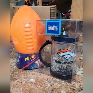 DENVER BRONCOS mug with lid and straw plus NERF football NIB